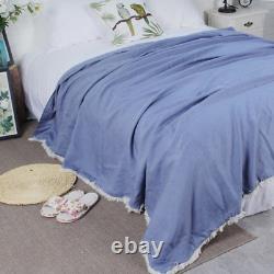100% Linen Fringed Sofa Blanket Linen Bedspread Natural Flax Bed Cover Quilt
