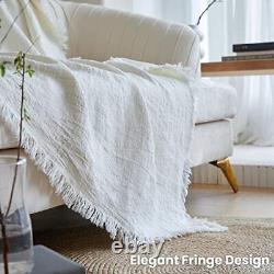 100% Linen Throw Blanket with Fringe for Couch/Bed/Sofa/Gift, 55x75 White