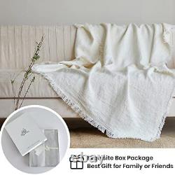 100% Linen Throw Blanket with Fringe for Couch/Bed/Sofa/Gift, 55x75 White