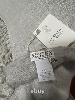 Brunello Cucinelli Striped Blanket Throw 100% Linen Tan Light Grey Fringe Italy