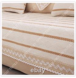 Modern White Brown Striped Cotton Linen SofaCover Lace Decor Sectioanl Slipcover