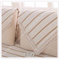 Modern White Brown Striped Cotton Linen SofaCover Lace Decor Sectioanl Slipcover