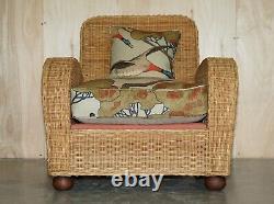 Pair Of Art Deco Style Wicker Club Armchairs With Mulberry Flying Ducks Cushions