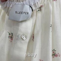 Sleeper Garden Rose Linen Lounge Dress Button Front Midi Ruffle Off the Shoulder