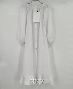 Sleeper White Linen Lounge Dress Button Front Midi Ruffle Off the Shoulder OS