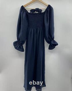 Sleeper Women's Atlanta Linen Lounge Dress Midi Bosporus Navy Blue Smocked XS