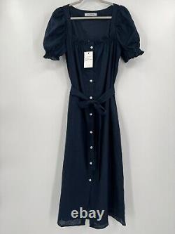Sleeper Women's Midi Brigitte Linen Lounge Dress in Navy Blue sz XL Cottagecore