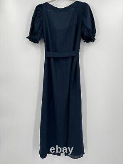 Sleeper Women's Midi Brigitte Linen Lounge Dress in Navy Blue sz XL Cottagecore