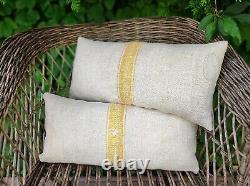 2x sac de grain hongrois antique à rayures orange et oreiller en lin