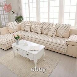 Housse de canapé en lin et coton rayé blanc et marron avec décor en dentelle pour canapé moderne et sectionnel