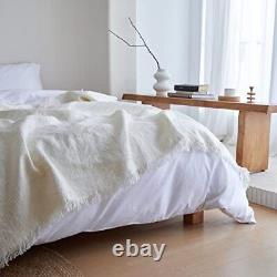 Jeté de lit 100% lin avec frange pour canapé/lit/sofa/cadeau, 55x75 blanc