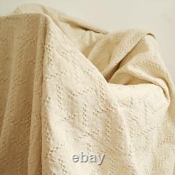 Jeté de lit en lin, couverture tricotée pour canapé en ivoire blanc avec franges, housse de canapé creuse à carreaux.