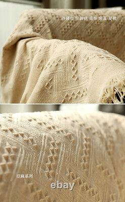 Jeté de lit en lin, couverture tricotée pour canapé en ivoire blanc avec franges, housse de canapé creuse à carreaux.